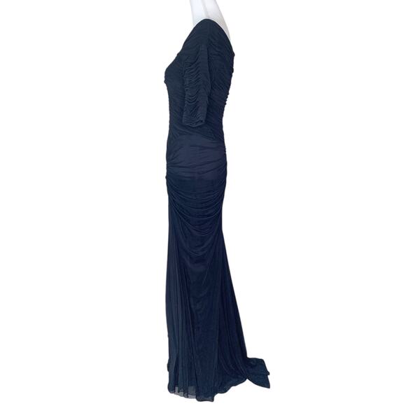 Tadashi Shoji Asymmetric Ruched Draped Black Mesh Sleeve Full Length Gown - Picture 3 of 7